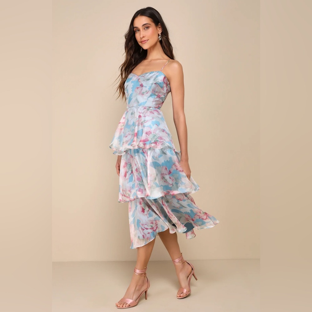 Lulus Floral Darling Blue Organza Tiered Midi Dress XL NWOT Tags - Picture 3 of 9